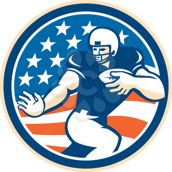 Illustration of an american football gridiron player running back with ball fending facing front set inside circle with american stars and stripes in the background done in retro style.