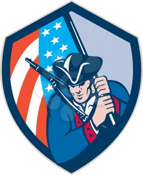 Illustration of an american patriot with rifle brandishing holding american flag set inside crest shield done in retro style. 