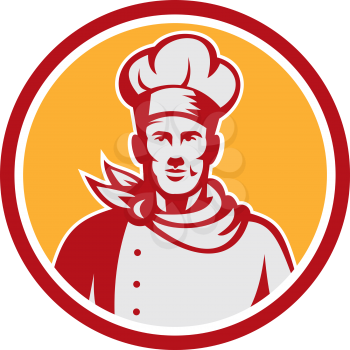 Illustration of a baker chef cook bust with hat facing front set inside circle on isolated background done in retro style. 