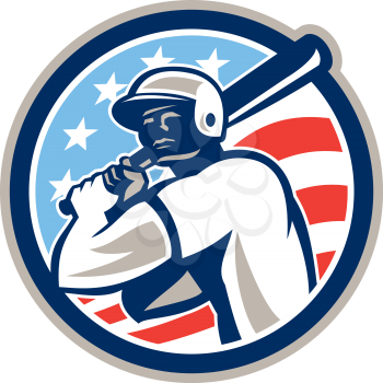 Illustration of a american baseball player batter hitter holding bat set inside circle with stars and stripes in the background done in retro style.