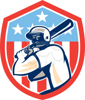 Illustration of a american baseball player batter hitter holding bat set inside shield crest with stars and stripes in the background done in retro style.