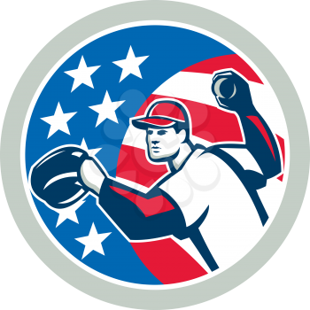 Illustration of a american baseball player pitcher outfilelder throwing ball set inside circle with stars and stripes in the background done in retro style. 