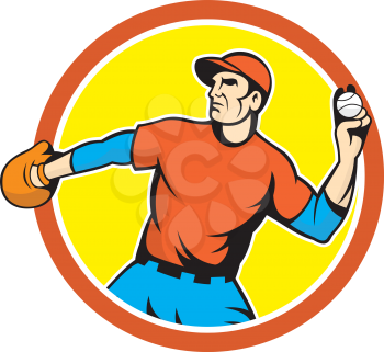 Illustration of an american baseball player pitcher outfilelder throwing ball set inside circle on isolated background done in cartoon style. 