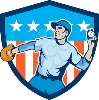 Illustration of an american baseball player pitcher outfilelder throwing ball set inside shield crest with american stars and stripes in the background done in cartoon style. 