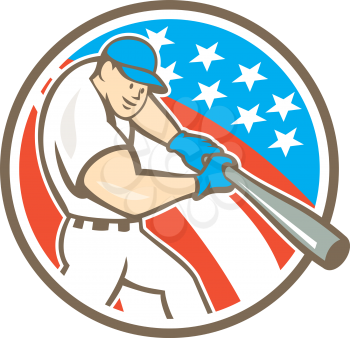 Illustration of an american baseball player batting set inside circle with stars and stripes in the background done in cartoon style.