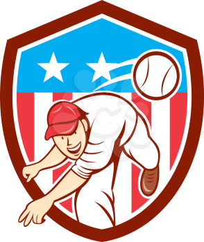 Illustration of an american baseball player pitcher outfilelder throwing ball set inside shield crest with american stars and stripes flag in the background done in cartoon style. 
