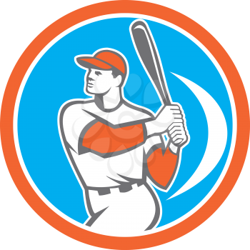 Illustration of an american baseball player batter hitter holding bat set inside circle on isolated background done in retro style. 
