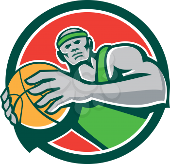 Illustration of a basketball player holding showing ball facing front set inside circle shape on isolated background done in retro style.