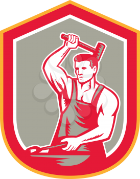Illustration of a blacksmith striking hammering pliers with sledgehammer set inside shield crest on isolated background done in retro style.