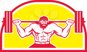 Illustration of a bodybuilder lifting barbell viewed from the front set inside half circle on isolated background done in retro style. 