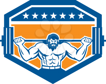 Illustration of a bodybuilder with beard lifting barbell viewed from the front set inside shield crest with stars on isolated background done in retro style. 