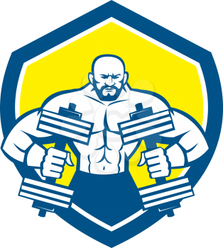 Illustration of a bodybuilder lifting dumbbell flexing muscles viewed from front set inside shield crest on isolated background done in retro style.