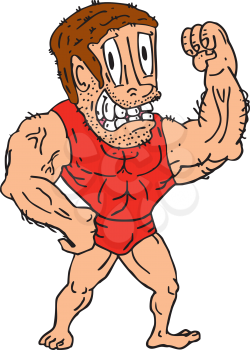 Illustration of a bodybuilder flexing muscles viewed from front  on isolated background done in cartoon style.