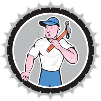 Illustration of a builder construction worker carpenter holding hammer on shoulder looking to the side set inside rosette shape on isolated background done in cartoon style. 