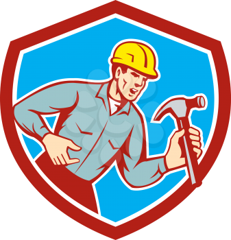 Illustration of a builder construction worker holding hammer shouting yelling set inside shield crest on isolated background done in retro style.