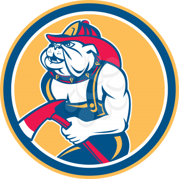 Illustration of a bulldog fireman firefighter holding axe facing side set inside circle on isolated background done in retro style. 
