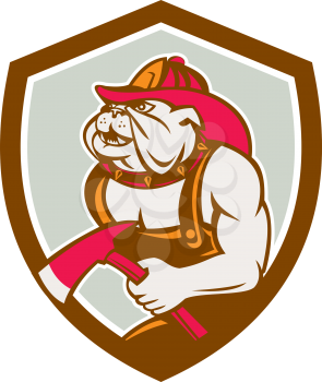 Illustration of a bulldog fireman firefighter holding axe facing side set inside shield crest on isolated background done in retro style. 