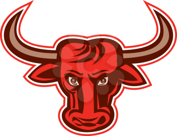 Illustration of an angry raging bull head facing front on isolated white background done in retro style. 