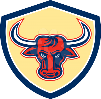 Illustration of an angry raging bull head facing front set inside crest shield done on isolated background done in retro style.