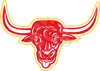 Illustration of an angry raging bull head facing front with tongue out set on isolated white background done in retro style. 