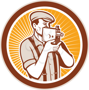 Illustration of a photographer wearing hat and suspenders shooting aiming with vintage camera set inside circle done in retro style.