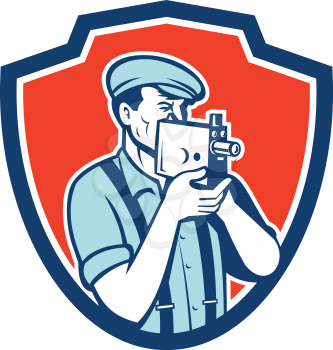 Illustration of a photographer wearing hat and suspenders shooting aiming with vintage camera set inside shield crest done in retro style.