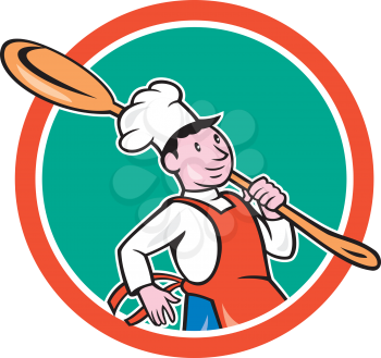 Illustration of a chef cook marching holding spoon over shoulder set inside circle on isolated background done in cartoon style.