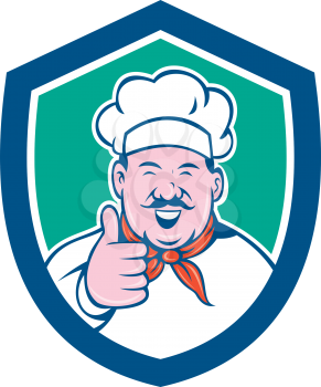 Illustration of a chef cook looking happy smiling with thumbs up set inside shield crest on isolated background done in cartoon style.