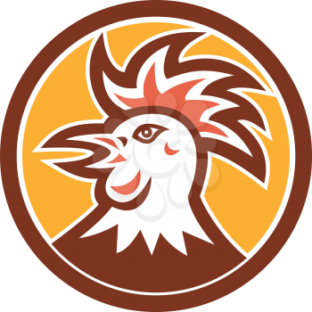 Illustration of a rooster cockerel head facing side set inside circle done in retro style on isolated background.