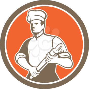 Illustration of a chef cook baker holding rolling pin looking to the side set inside circle done in retro style.