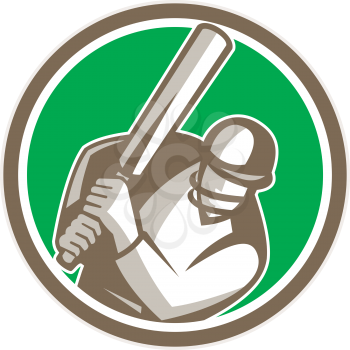 Illustration of a cricket player batsman with bat batting facing front set inside circle done in retro style on isolated background. 