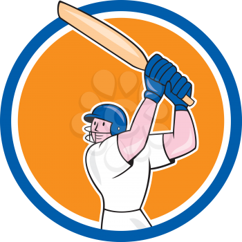 Illustration of a cricket player batsman with bat batting set inside circle on isolated background done in cartoon style. 