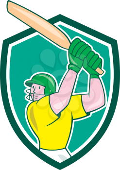 Illustration of a cricket player batsman with bat batting set inside shield crest on isolated background done in cartoon style. 