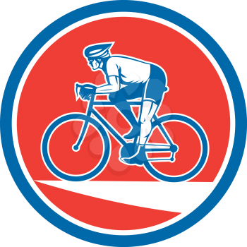 Illustration of a cyclist biking riding mountain bike viewed from the side set inside circle on isolated background done in retro style. 