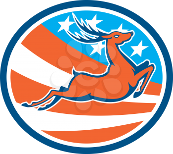 Illustration of a deer stag buck jumping viewed from the side set inside circle with american usa stars and stripes in the background done in retro style. 