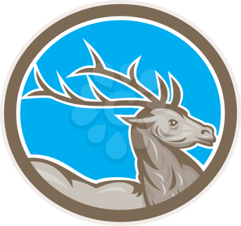 Illustration of a stag deer buck head facing side set inside circle on isolated background done in retro style. 