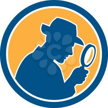 Illustration of a detective policeman police officer holding magnifying glass set inside circle on isolated background done in retro style.