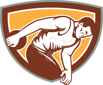 Illustration of a discus thrower set inside shield crest on isolated background done in retro style. 