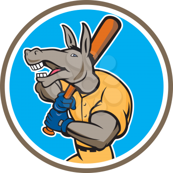 Illustration of a donkey baseball player holding bat on shoulder batting set inside circle on isolated background done in cartoon style. 