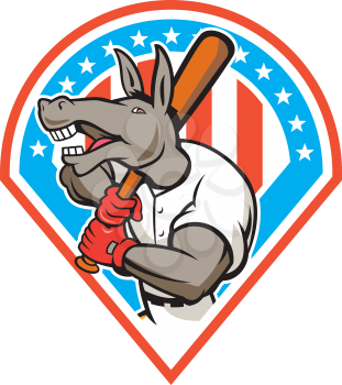 Illustration of a donkey baseball player holding bat on shoulder batting set inside diamond with american stars and stripes in the background done in cartoon style. 
