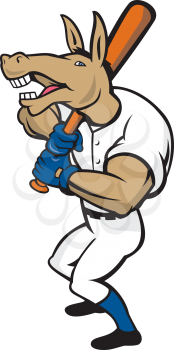 Illustration of a donkey baseball player holding bat on shoulder batting set on isolated white background done in cartoon style. 