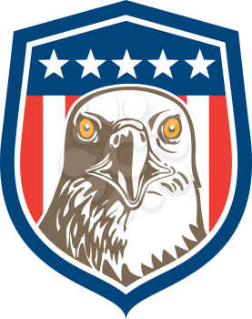 Illustration of an american bald eagle head facing front set inside shield crest with usa stars and stripes flag in the background done in retro style.
