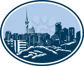Illustration of the Auckland city skyline with the sky tower in background in Auckland, New Zealand set inside oval done in retro woodcut style.