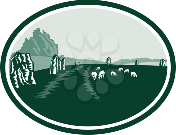 Illustration of the Avebury neolithic henge monument containing three stone circles around the village of Avebury in Wiltshire, in southwest England set inside oval done in retro woodcut style.