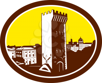 Illustration of the Tower of San Niccolo in Florence , Firenze, Italy viewed set inside oval done in retro woodcut style.