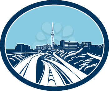 Illustration of the Sky Tower in the skyline of Auckland, New Zealand set inside oval done in retro woodcut style.