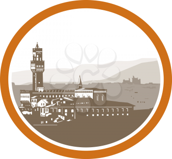 Illustration of the Tower of Palazzo Vecchio in Florence , Firenze, Italy viewed from afar set inside oval done in retro woodcut style.