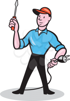 Illustration of an electrician worker standing holding screwdriver and electric plug on isolated white background done in cartoon style.
