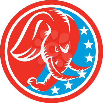 Illustration of an elephant head with tusk facing down viewed from the side set inside circle with american stars flag in the background done in retro style.