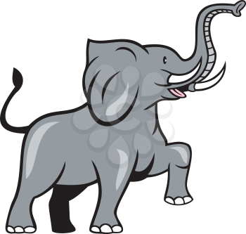 Illustration of an african elephant marching prancing viewed from the side on isolated white background done in cartoon style. 